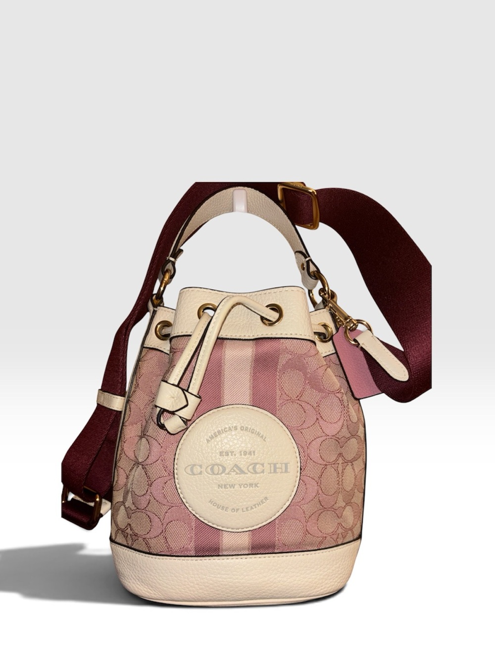 Coach Dempsey bucket Pink Signature Stripe Drawstring Bucket Bag